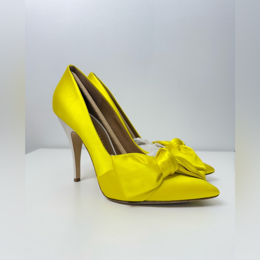Tory Burch Yellow Satin Knotted Bow Pumps 110mm Heels Pointed Toe Women Size 7.5